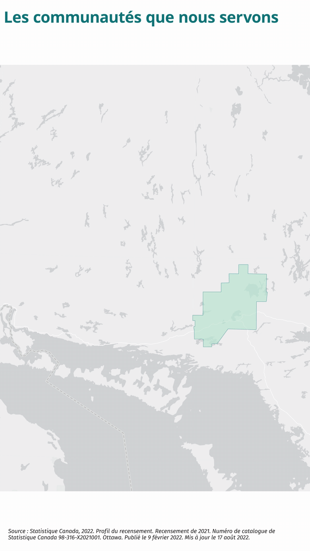 Les communautés que nous servons. Carte de la zone de service de Santé publique Sudbury et districts, incluant le bureau principal et les bureaux d'Elm Place, de Chapleau, de Sudbury-Est, d'Espanola et de Manitoulin. Dans le Grand Sudbury vivent 166 128 personnes sur une superficie de 3 196,9 km². Le district de Sudbury compte 22 368 personnes et s’étend sur 39 896,8 km². Dans celui de Manitoulin, qui s’étend sur 3073,5 km², on en dénombre 13 935. La population de Sudbury et districts totalise 202 431 personnes et son territoire mesure 46 167,2 km². La proportion de personnes ayant indiqué le français comme première langue officielle à Sudbury et dans les districts s’établit à 27,6 %, comparativement à 3,4 % en Ontario. La proportion de personnes s’identifiant comme Autochtones à Sudbury et dans les districts se chiffre à 13,8 %, comparativement à 2,9 % en Ontario.
