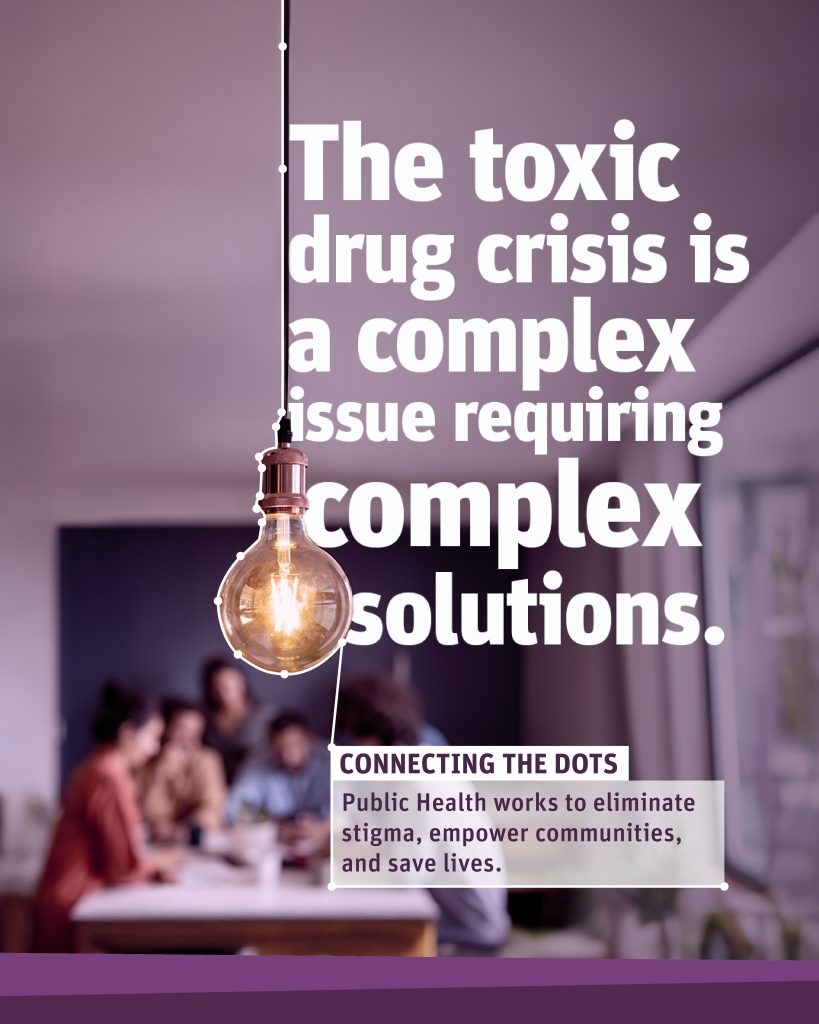 A lightbulb hangs in front of a group of diverse people discussing a solution. Connecting the dots: Public Health works to eliminate stigma, empower communities, and save lives.