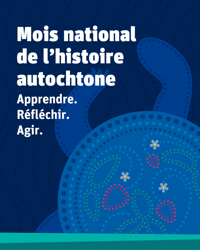Illustration d’une tortue avec des fraises perlées sur sa carapace avec les mots : « Mois national de l’histoire autochtone. Apprendre. Réfléchir. Agir. »