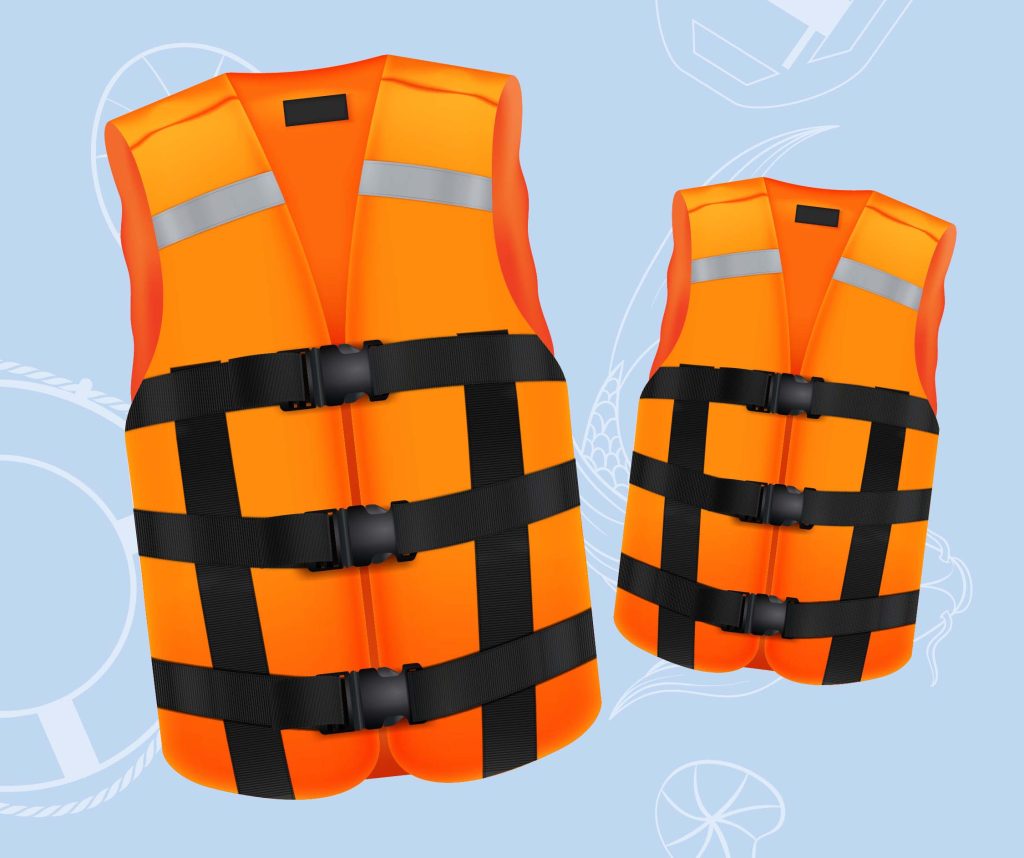 Two orange life jackets on a light blue background.