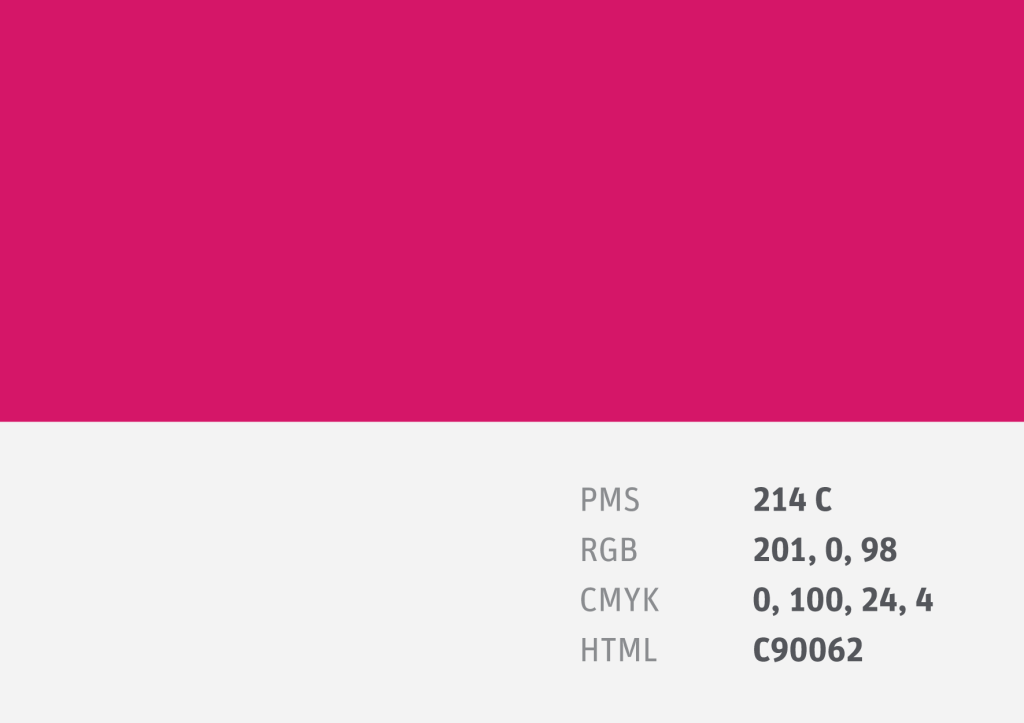 Colour Swatch PMS 214 C
RGB 201, 0, 98
CMYK 0, 100, 24, 4
HTML C90062