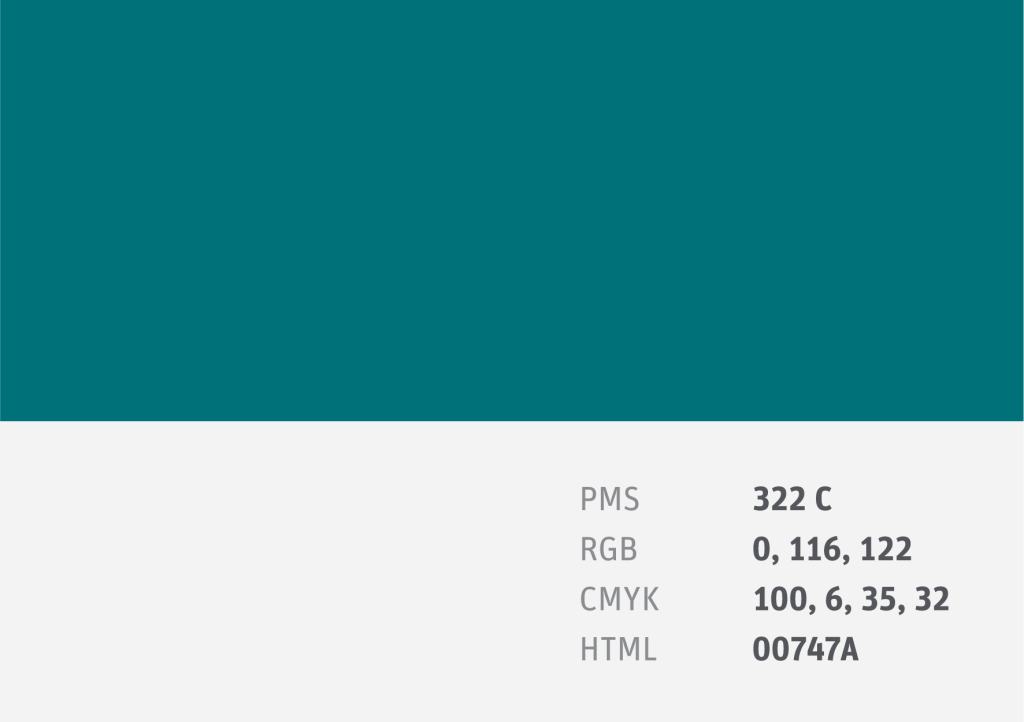 Colour Swatch PMS 322 C
RGB 0, 116, 122
CMYK 100, 6, 35, 32
HTML 00747A