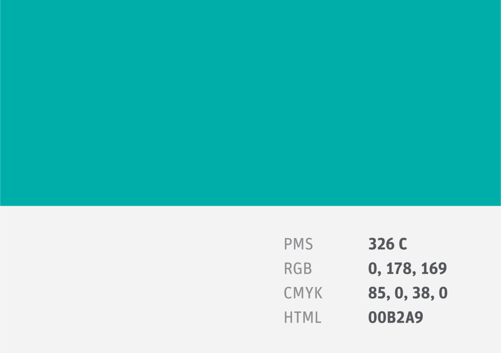 Colour Swatch PMS 326 C
RGB 0, 178, 169
CMYK 85, 0, 38, 0
HTML 00B2A9