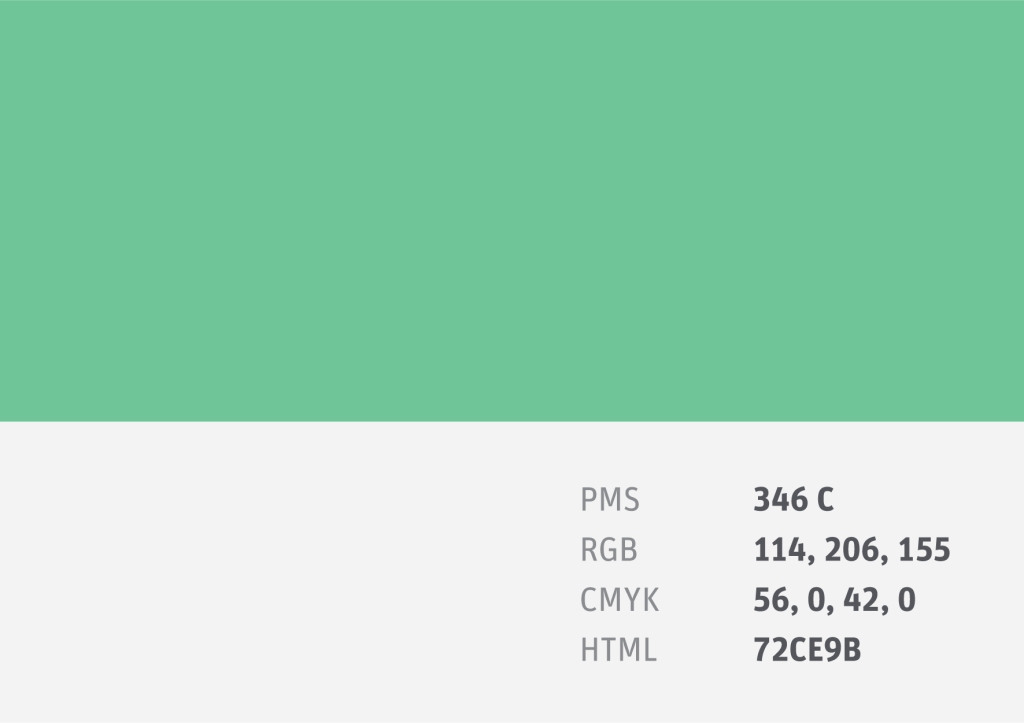 Colour Swatch PMS 346 C
RGB 114, 206, 155
CMYK 56, 0, 42, 0
HTML 72CE9B