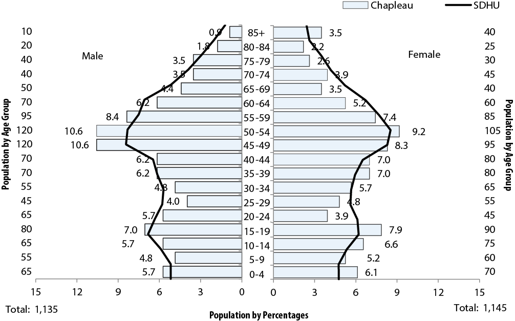 Description for Figure 2.1.  This is a population pyramid of Population Distribution by Age and Sex, Chapleau and SDHU Areas, 2011. Data for this chart can be found in Data Table below.