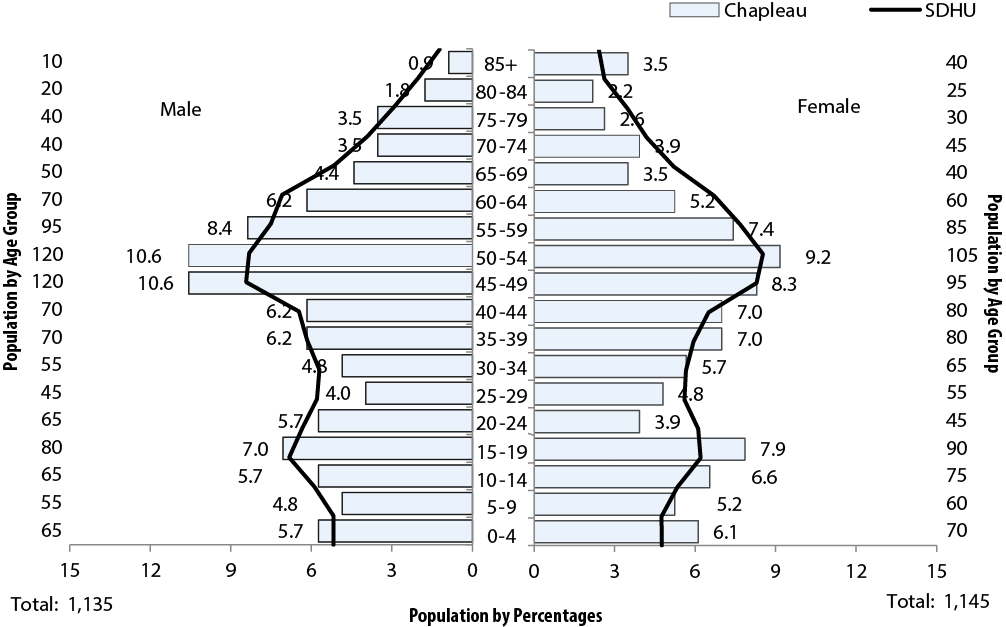 Description for Figure 2.1. This is a population pyramid of Population Distribution by Age and Sex, Chapleau and SDHU Areas, 2011. Data for this chart can be found in Data Table below.