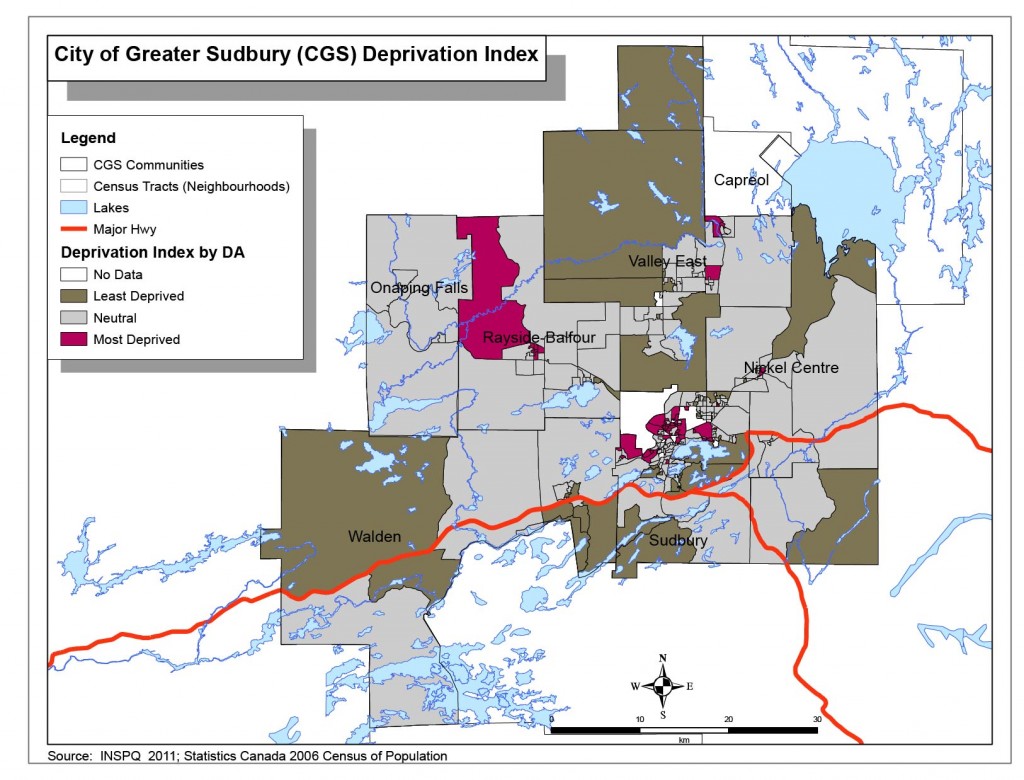 A choropleth (area) map of the deprivation index by census dissemination areas for the City of Greater Sudbury. Please contact SDHU for a more detailed description