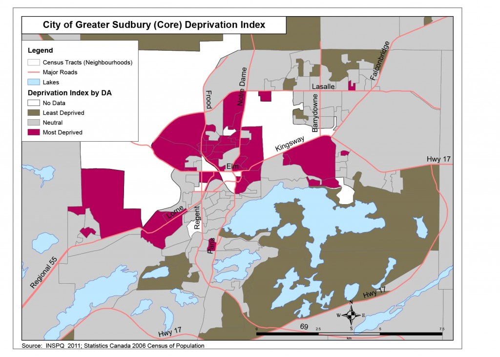 A choropleth (area) map of the deprivation index by census dissemination areas for the downtown core of the City of Greater Sudbury. Please contact SDHU for a more detailed description
