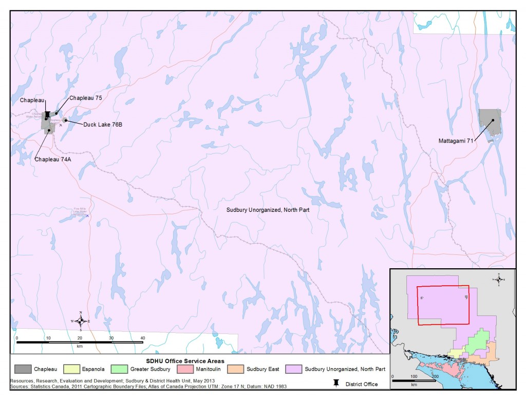 Description for Map: This is a map of the Chapleau Area with the SDHU District Office location in Chapleau.
