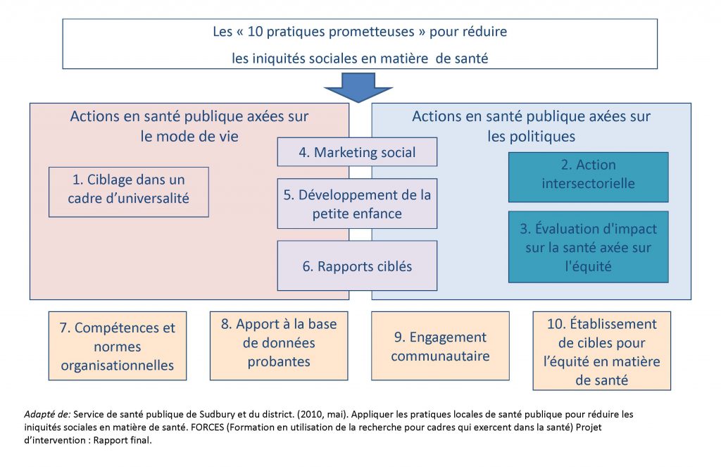 Ce tableau représente les 10 pratiques prometteuses pour réduire les iniquités sociales en matière de santé. Elles peuvent être regroupées en trois sections : axées sur le mode de vie; axées sur les politiques et interdisciplinaires. Les pratiques sont les suivantes : 1. Ciblage dans un cadre d’universalité; 2. Action intersectorielle; 3.Évaluation d’impact sur la santé axée sur l’équité; 4. Marketing social; 5. Développement de la petite enfance; 6. Rapports ciblés; 7. Compétences et normes organisationnelles; 8. Apport à la base de données probantes; 9. Engagement communautaire; 10. Établissement de cibles pour l’équité en matière de santé.