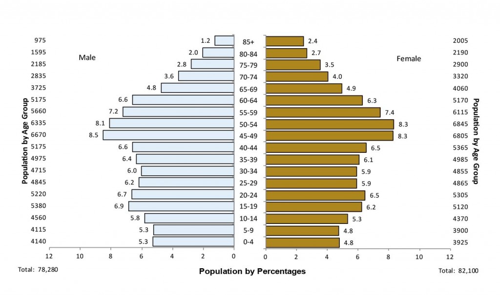 This is a population pyramid of Population Distribution by Age and Sex, Greater Sudbury, 2011. Data for this chart can be found in Table 2.4a and Table 2.4b below.