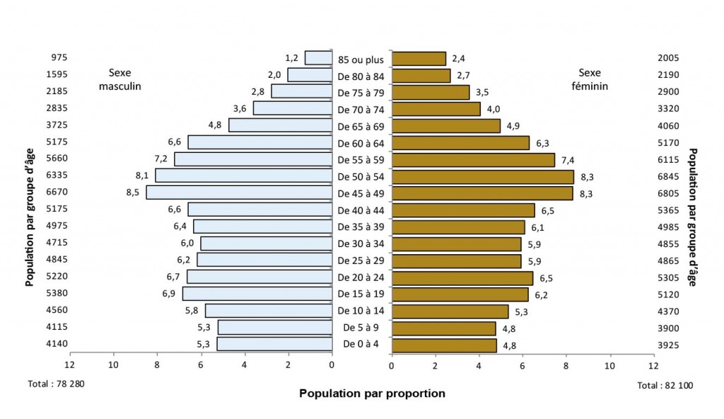 Description de la figure 2.3. Il s’agit d’un diagramme à bandes de l’évolution de la proportion de la population (%) selon l’âge et le sexe, Grand Sudbury, 2011. Les données se trouvent aux tableaux 2.4a et 2.4b ci-dessous.