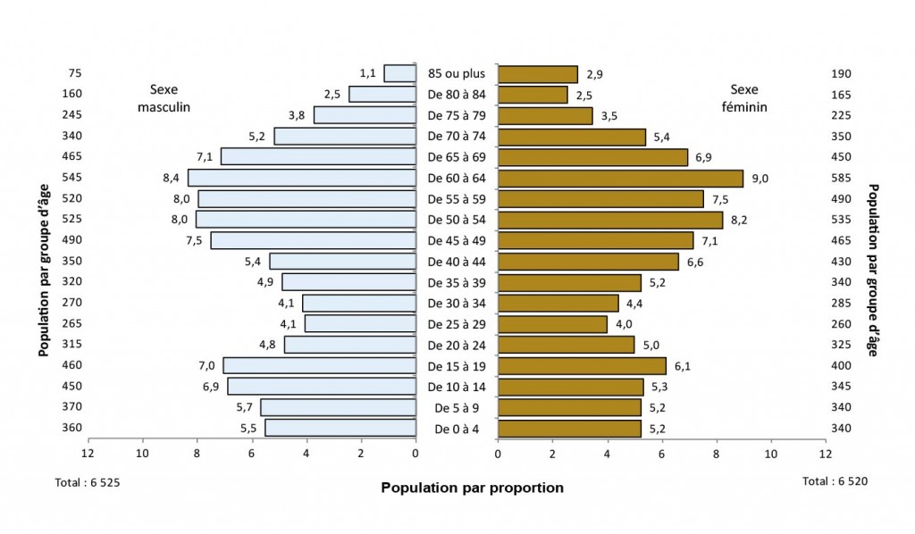 Description de la figure 2.5. Il s’agit d’un diagramme à bandes de l’évolution de la proportion de la population (%) selon l’âge et le sexe, district de Manitoulin, 2011. Les données se trouvent aux tableaux 2.6a et 2.6b ci-dessous.