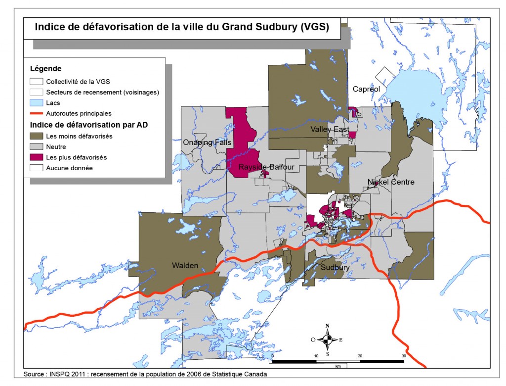 Une carte choroplèthe (sectorielle) de l’indice de défavorisation selon les aires de diffusion du recensement pour la ville du Grand Sudbury. Veuillez communiquer avec le SSPSD pour obtenir une description plus détaillée.