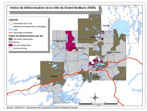 Une carte choroplèthe (sectorielle) de l’indice de défavorisation selon les aires de diffusion du recensement pour la ville du Grand Sudbury. Veuillez communiquer avec le SSPSD pour obtenir une description plus détaillée.