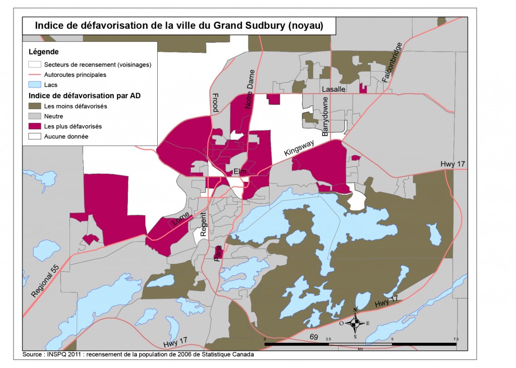 Une carte choroplèthe (sectorielle) de l’indice de défavorisation selon les aires de diffusion du recensement pour le centre-ville de la ville du Grand Sudbury. Veuillez communiquer avec le SSPSD pour obtenir une description plus détaillée.