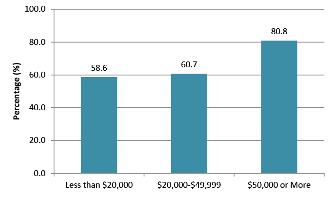 Description for Figure 2. This is a bar chart for Dental visits within the past year by household income groups, Sudbury & District Health Unit, 2009–2010. Data for this chart can be found in Table 2 below.