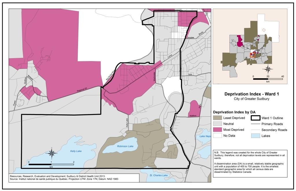 This map shows the deprivation index by census Dissemination Area in Ward 1. For a detailed description please contact