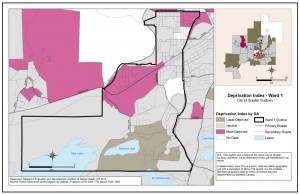 his map shows the deprivation index by census Dissemination Area in Ward 1. For a detailed description please contact