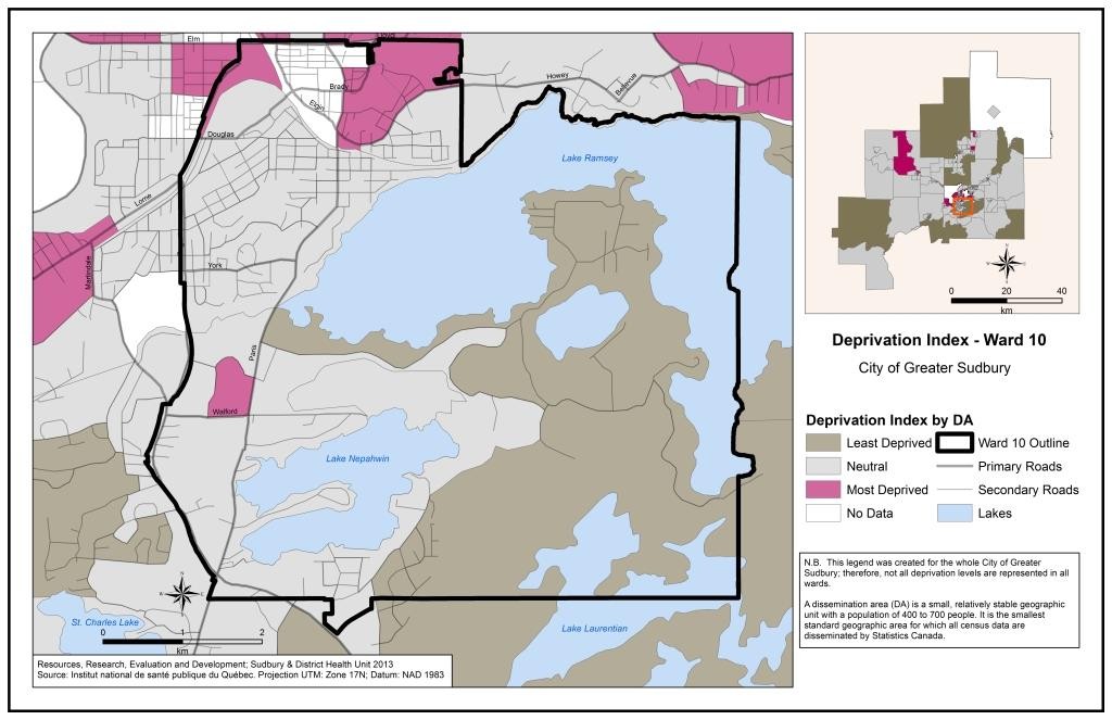 This map shows the deprivation index by census Dissemination Area in Ward 10. For a detailed description please contact