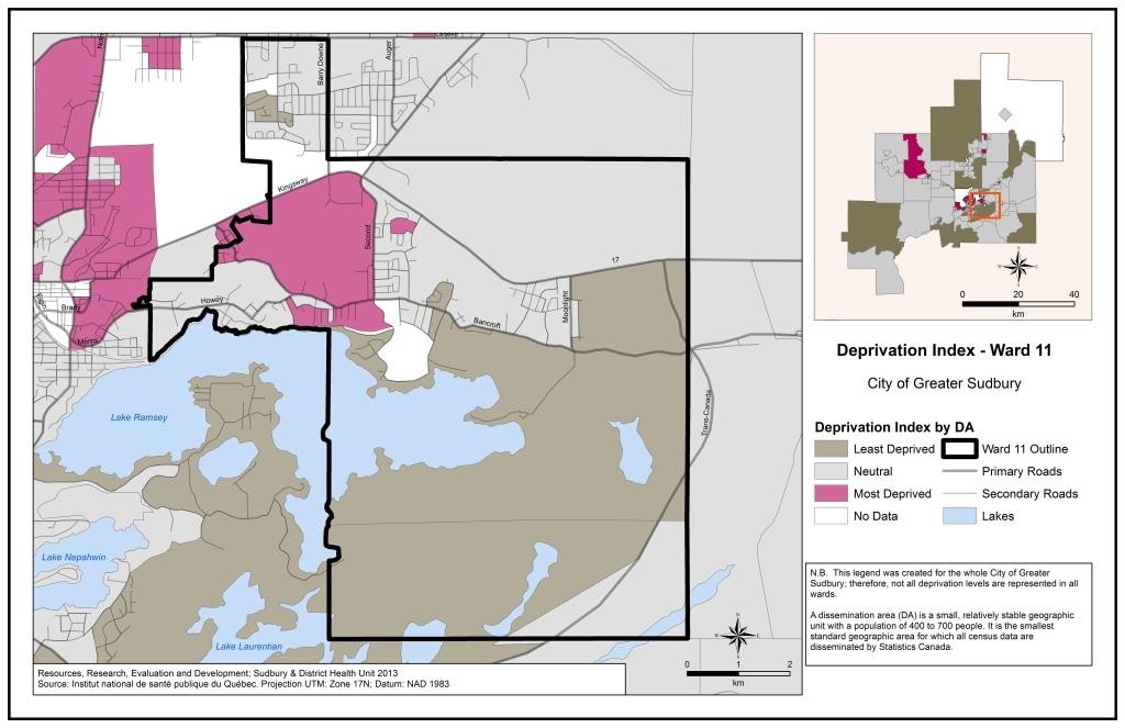 This map shows the deprivation index by census Dissemination Area in Ward 11. For a detailed description please contact