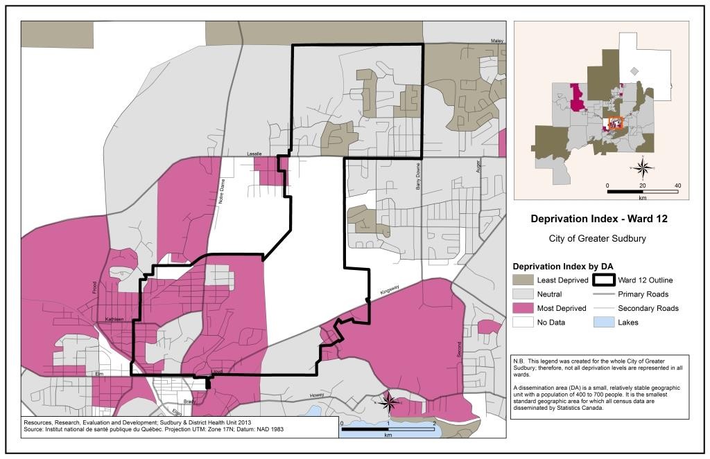 This map shows the deprivation index by census Dissemination Area in Ward 12. For a detailed description please contact