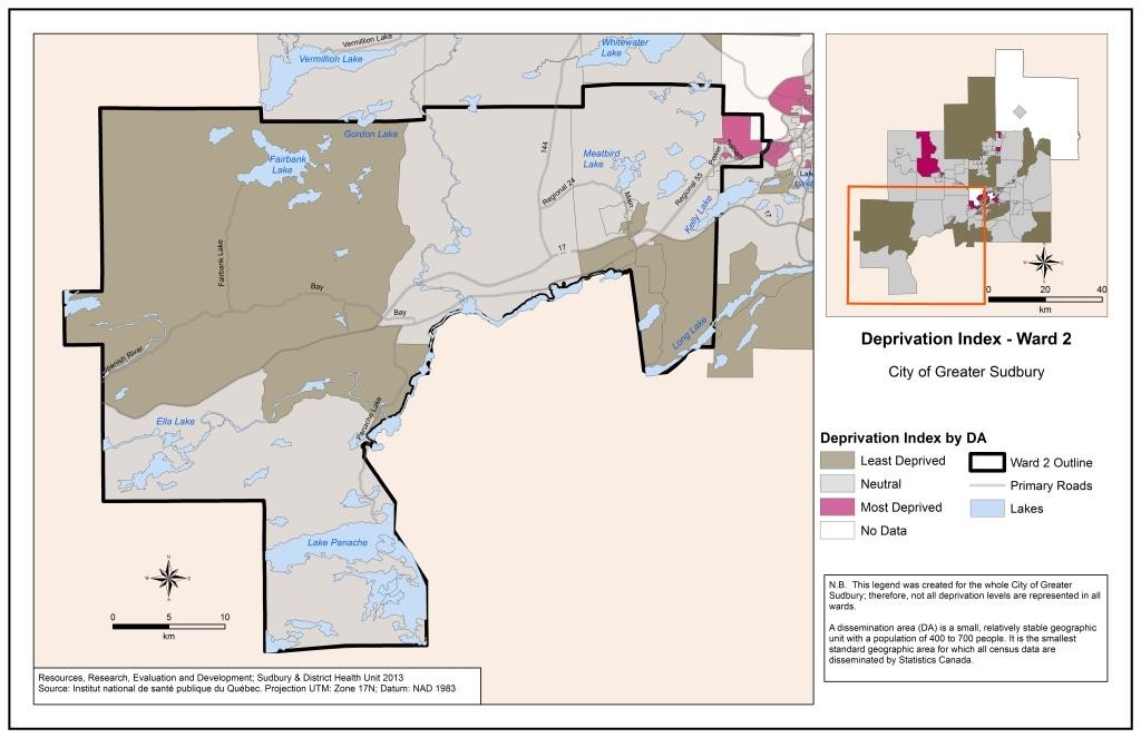 This map shows the deprivation index by census Dissemination Area in Ward 2. For a detailed description please contact