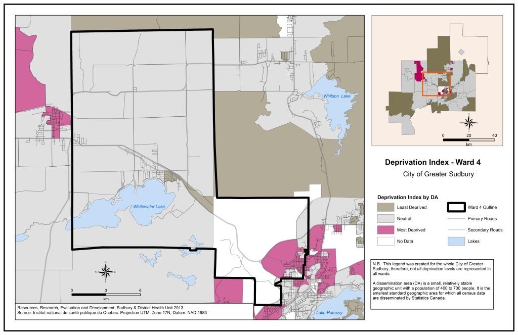 This map shows the deprivation index by census Dissemination Area in Ward 4. For a detailed description please contact