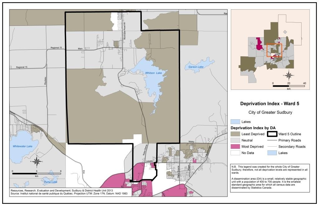 This map shows the deprivation index by census Dissemination Area in Ward 5. For a detailed description please contact