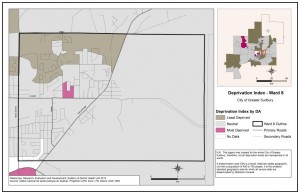 This map shows the deprivation index by census Dissemination Area in Ward 8. For a detailed description please contact