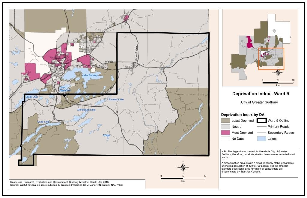 This map shows the deprivation index by census Dissemination Area in Ward 9. For a detailed description please contact