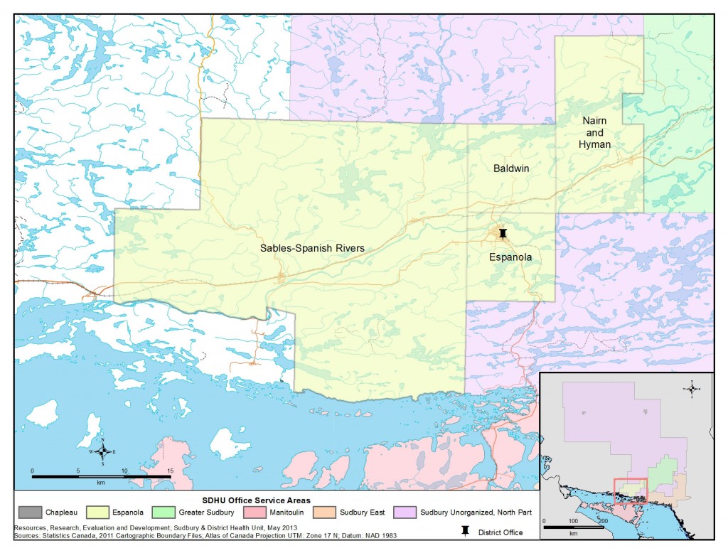 Description for Map: This is a map of the Espanola Area with the SDHU District Office location in Espanola.