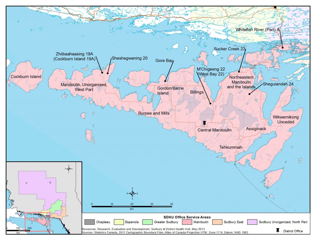 Description for Map: This is a map of the Manitoulin Area with the SDHU District Office location in Mindemoya.