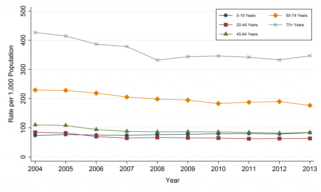 Line graph depicting annual age-standardized hospitalization rate, by geographic area, 2004-2013. Data for this graph are located in the tables below.