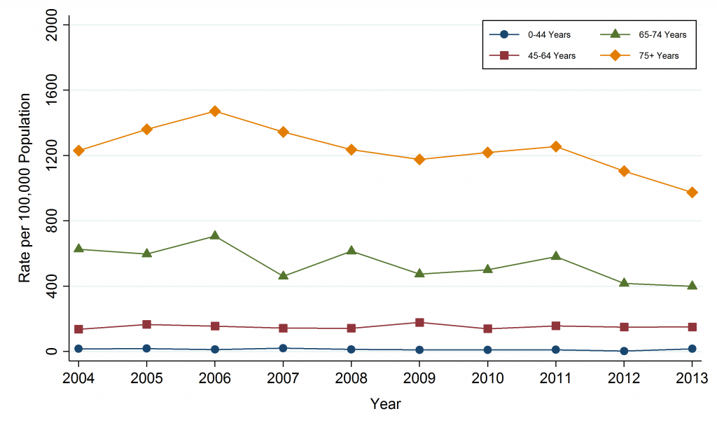 Line graph depicting Annual Hospitalization Rate, Stroke, by Age Group, Sudbury & District Health Unit, 2004-2013. Data for this graph are located in the tables below.