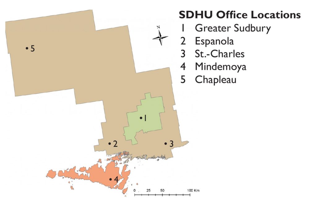 A map of the various district office locations in the Sudbury and District Office area