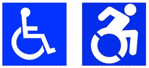 (À gauche) 1968 : symbole international d’accès; (À droite) 2013 : projet d’icône d’accessibilité