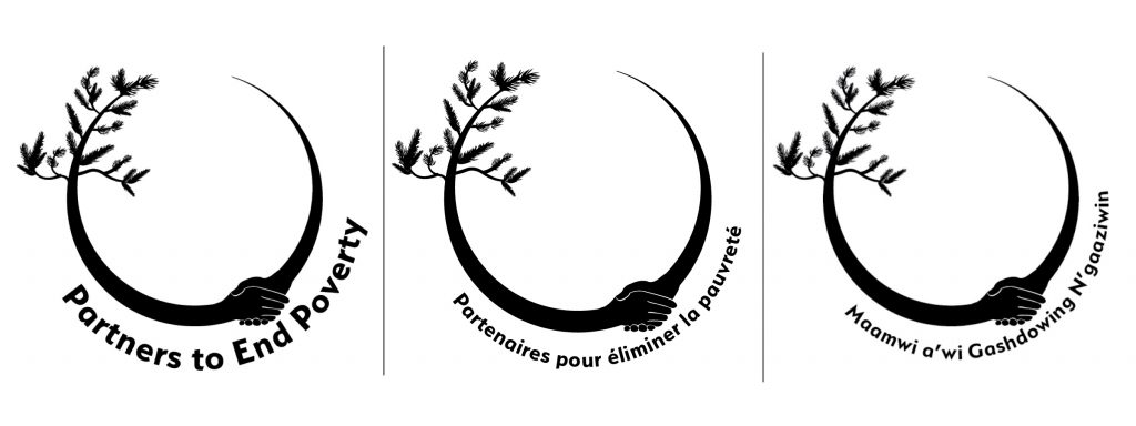 A series of the Partners to End Poverty logos including versions in English, French, and Ojibway