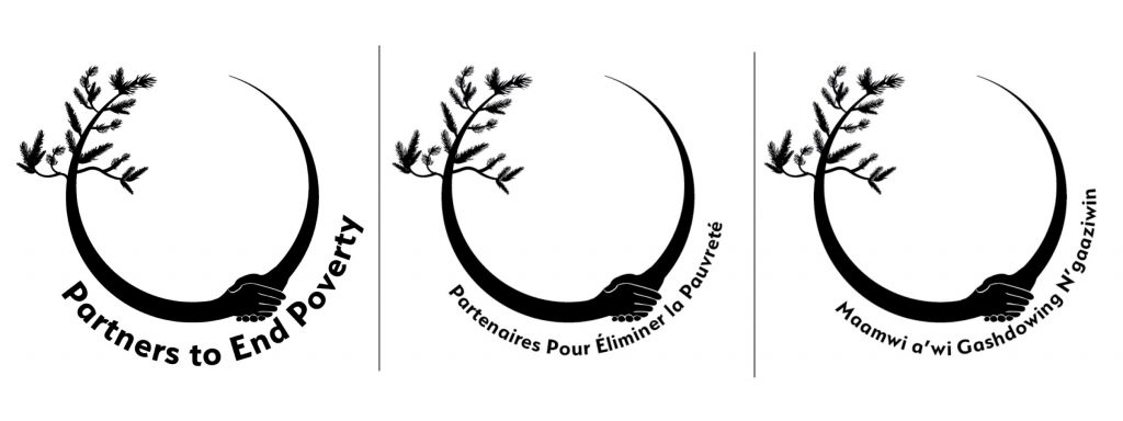 Une série de logos de Partenaires pour éliminer la pauvreté, y compris des versions en anglais, en français et en ojibwé.