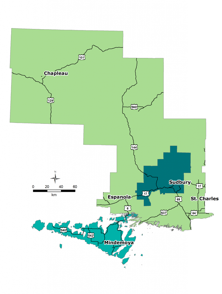 A map of Public Health Sudbury & District Office Locations