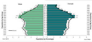 Bar graph depicting Population distribution by age and sex, Sudbury & Districts and Ontario, 2016. Data found in the tables below.