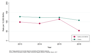 Graph depicting Annual rate of congenital anomalies, by geographic area, 2013 to 2016. Data can be found in the tables below.