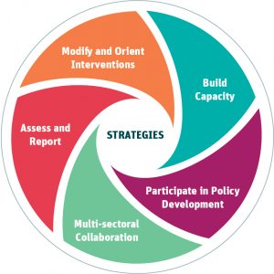 Strategies: Modify and orient interventions; Build capacity; Participate in policy development; Multi-sectoral collaboration; Assess and report