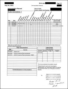 Sample of vaccination receipt provided by an Indigenous Health Care Provider