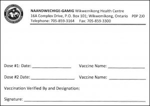 Sample of vaccination receipt provided by an Indigenous Health Care Provider