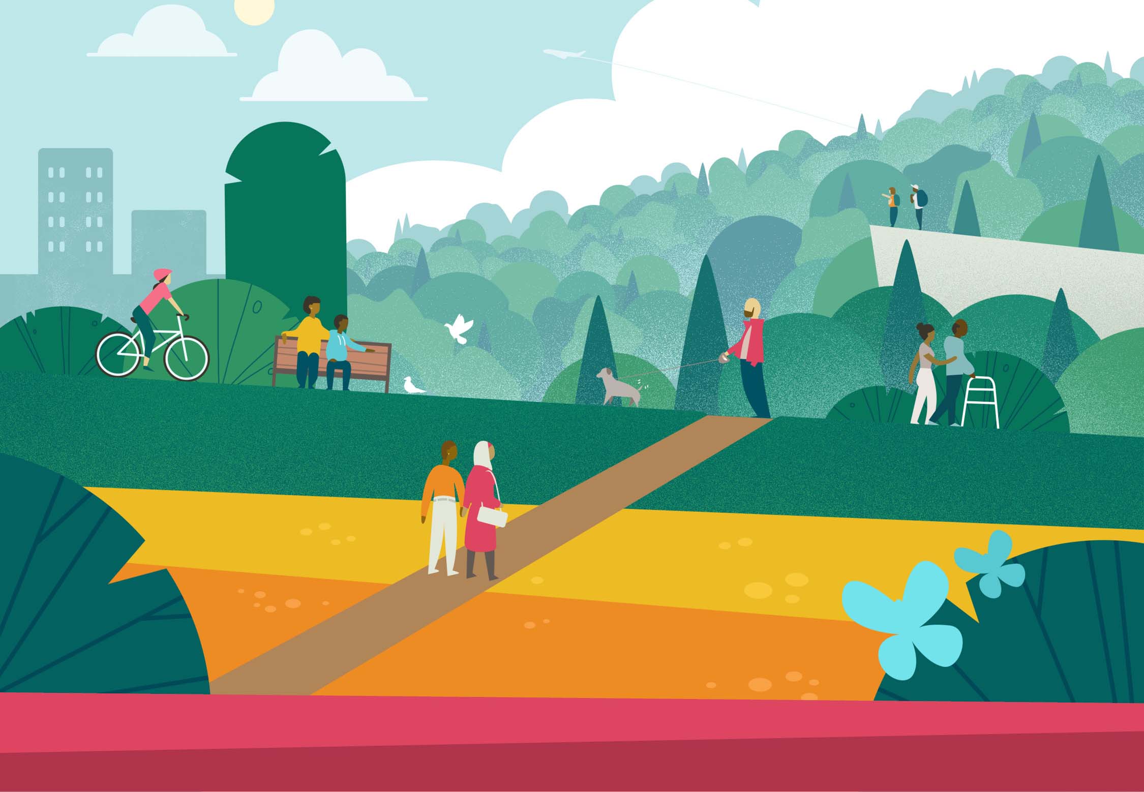 Illustration of people of different ages and abilities enjoying activities in a park.
