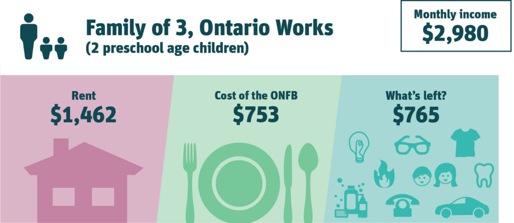 Family of 3, Ontario Works (2 preschool age children). Monthly income $2,980. Rent $1,462 (49% of income). Cost of the ONFB $753 (25% of income). What’s left? $765.