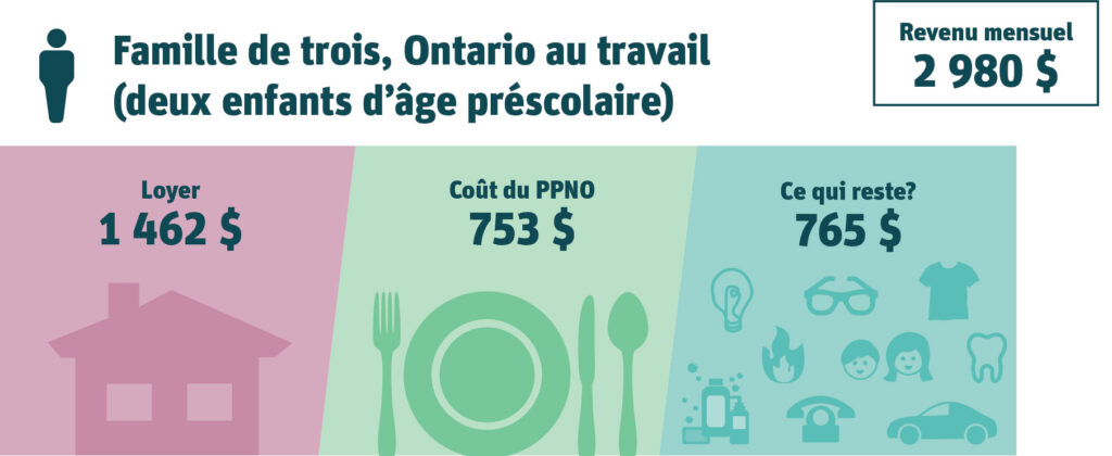 Famille de trois, Ontario au travail (deux enfants d’âge préscolaire). Revenu mensuel : 2 980 $. Loyer : 1 462 $ (49 % du revenu). Coût du PPNO : 753 $ (25 % du revenu). Ce qui reste? 765 $.