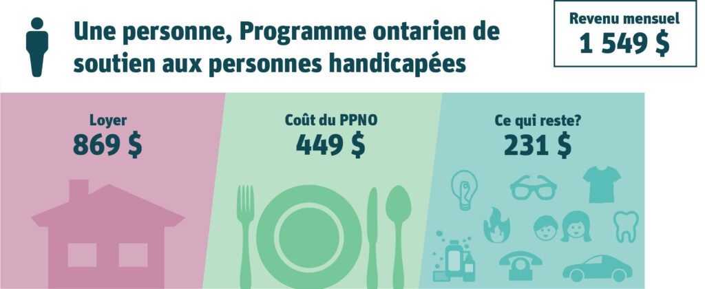 Une personne, Programme ontarien de soutien aux personnes handicapées. Revenu mensuel : 1 549 $. Loyer : 869 $ (56 % du revenu). Coût du PPNO : 449 $ (29 % du revenu). Ce qui reste? 231 $.