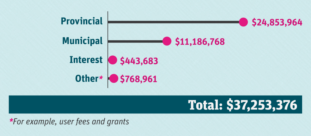 A graph of the revenue sources. Provincial $24,853,964. Municipal $11,186,768. Interest $443,683. Other (For example, user fees and grants) $768,961. Total revenue $37,253,376